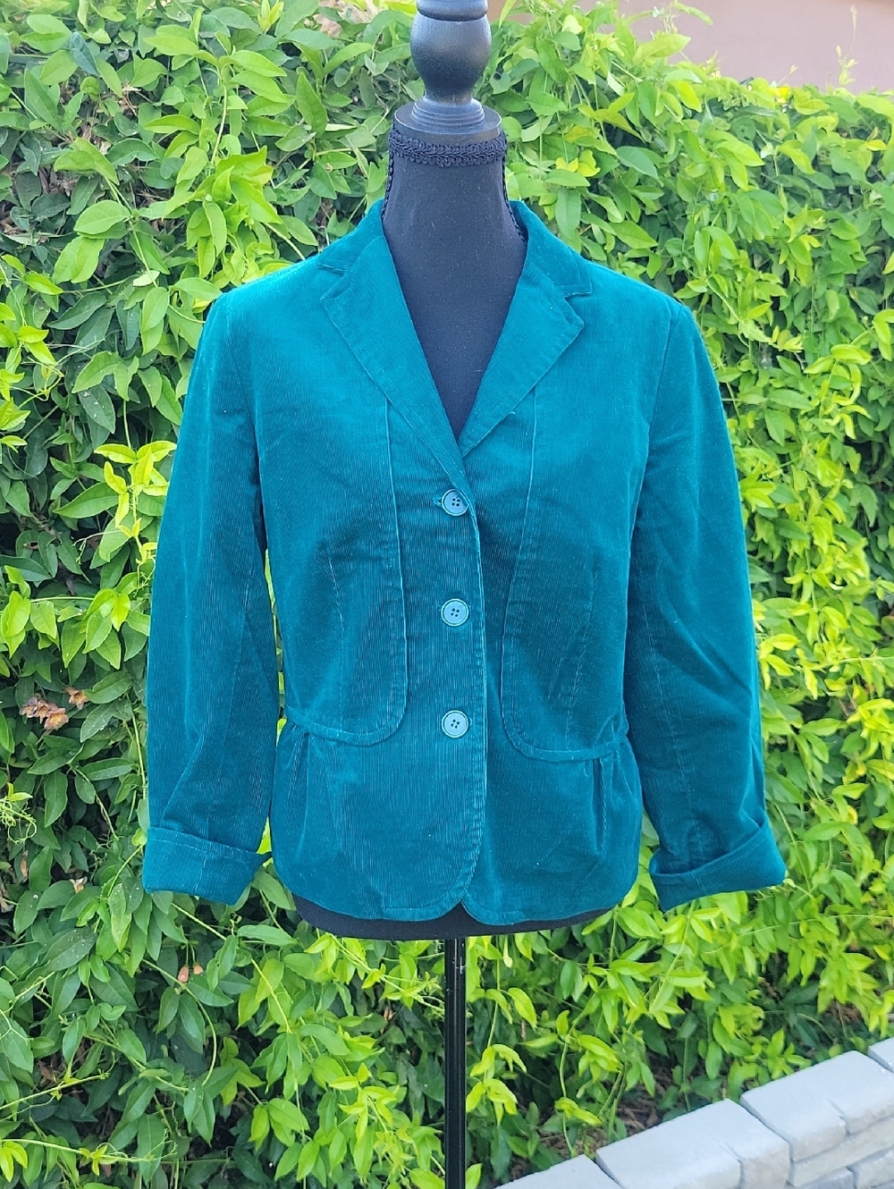 Talbots Teal Corduroy Soft Ruffled Peplum Hem Blazer With Pockets 8P